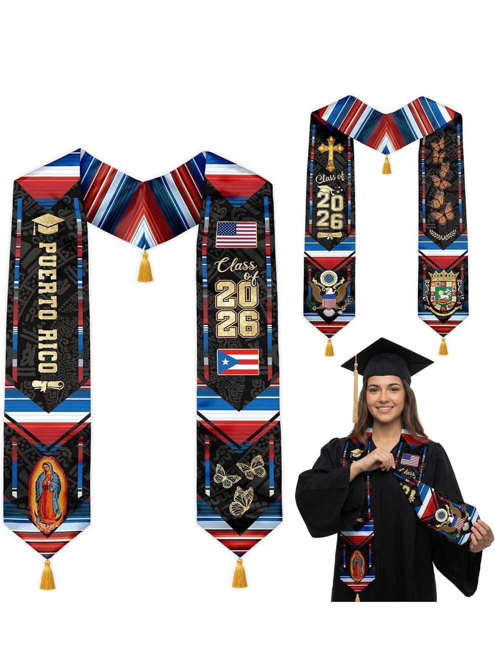 ZINYAM Reversible Class of 2026 Puerto Rico Graduation Stole with Gold Tassels